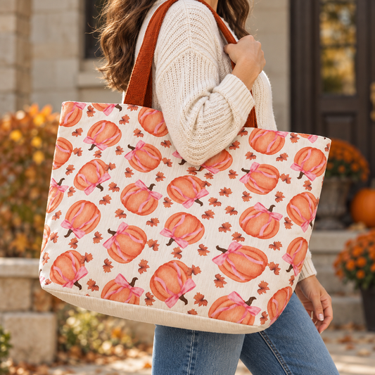 Coquette Pumpkin & Pink Bow Large Tote Bag
