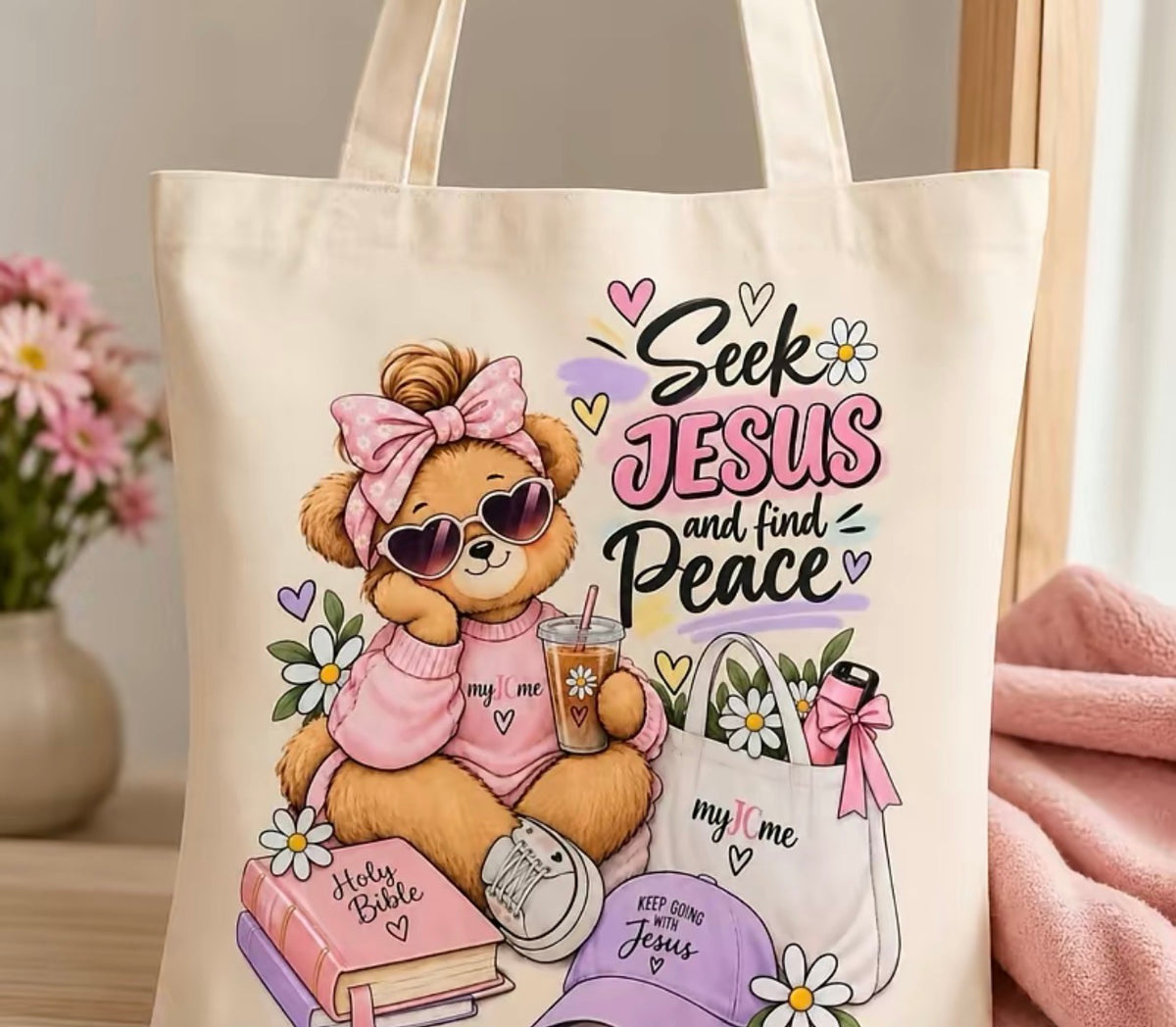 Seek Jesus and Find Peace – Teddy Bear Tote Bag