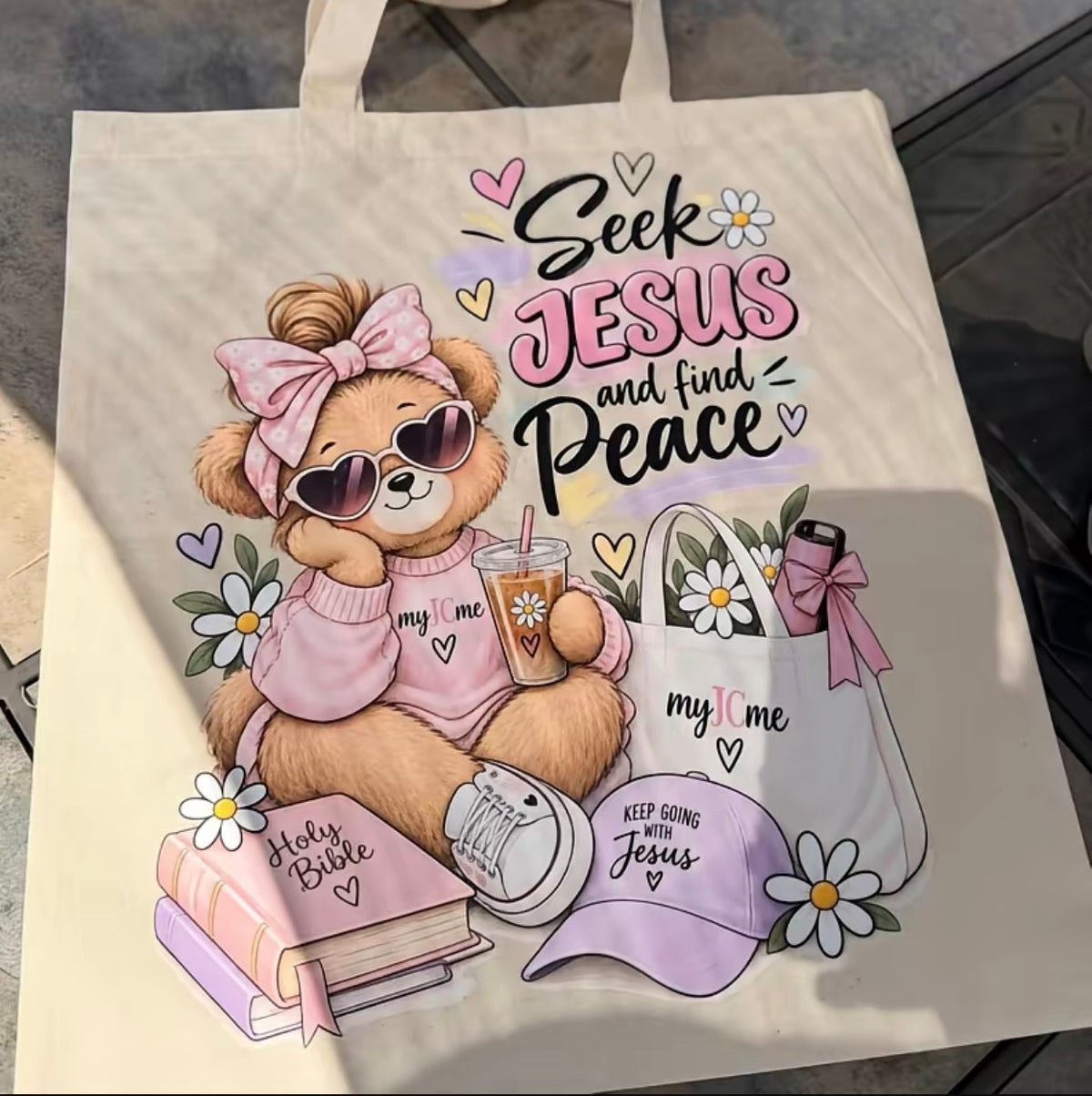 Seek Jesus and Find Peace – Teddy Bear Tote Bag